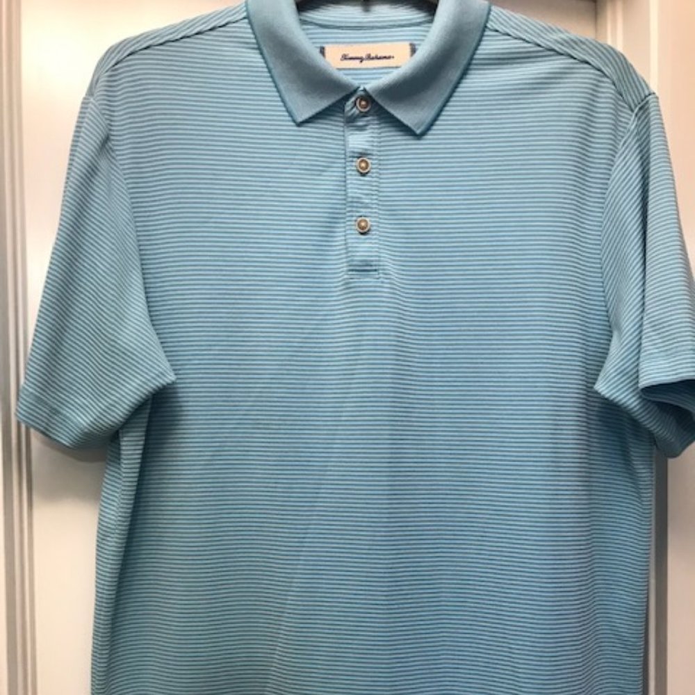 Tommy Bahama blue/white striped short sleeve polo